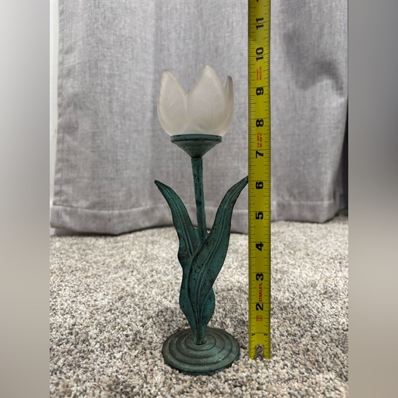 Vintage Tulip Candleholder Single Frosted Glass Flower, Green Metal Stem - Picture 8 of 12